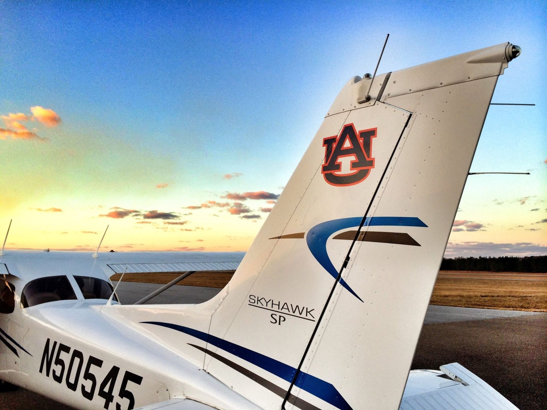 Auburn University Cessna 172 Skyhawk SP on the ramp at sunset
